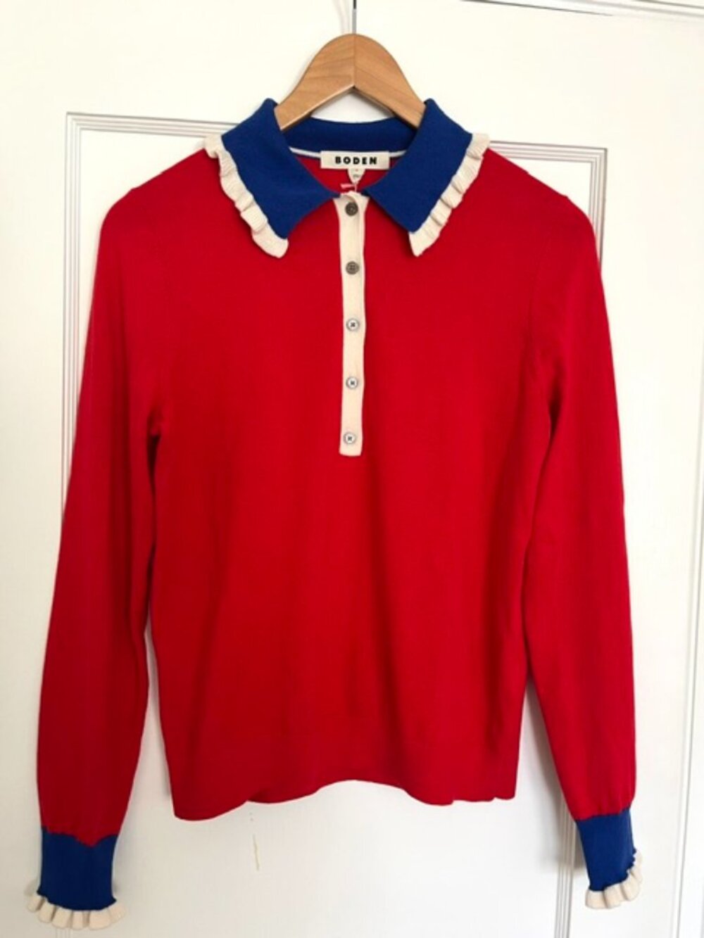 NWT Boden Scarlet Colourblock Frill Sweater | Size Medium